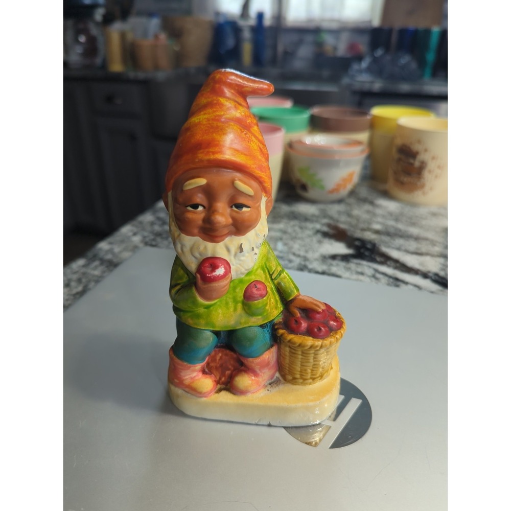 Vintage Molded Plastic Gnome Elf Figurine Apple Picking